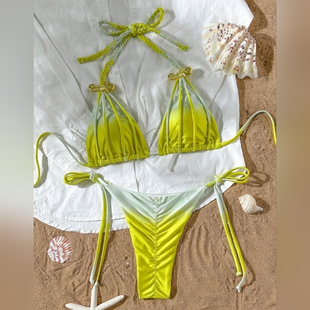 Vibrant Yellow and Green Bikini Set With Gold Seahorse Accent